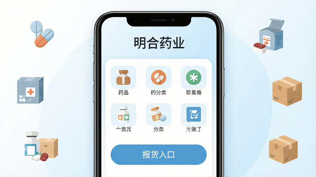 手机屏幕正中央显示“明合药业”应用主界面,背景为干净的白色与浅蓝色渐变,界面中展示药品分类图标与报货入口按钮,周围环绕药片、药盒、物流箱等扁平化小图标,整体布局简洁对称,风格为现代医疗商务扁平插画,细节清晰,画质干净,无多余元素
