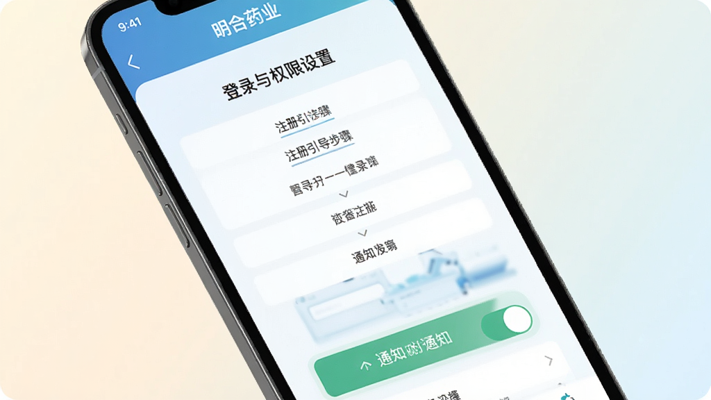手机屏幕展示“明合药业”登录与权限设置界面,画面中有注册引导步骤与通知开关按钮,背景为柔和浅色,风格为移动应用操作指引图,细节清晰,画质干净,无多余装饰