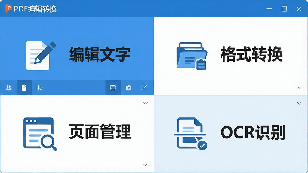 一张展示“PDF编辑转换”软件功能界面的图片,画面分为四个区域,分别标注“编辑文字”“格式转换”“页面管理”“OCR识别”,每个区域配有对应的图标和简短文字说明,整体采用扁平化设计风格,蓝白配色,背景干净,画质清晰,文字使用中文,布局整齐,无多余装饰元素