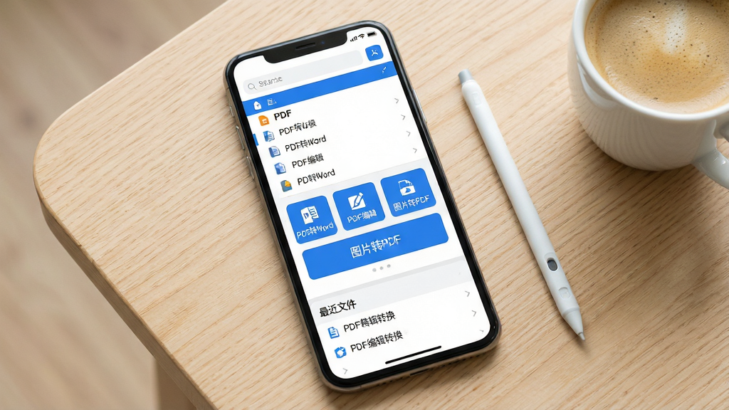 一张展示手机屏幕的图片,屏幕中央是“PDF编辑转换”软件的主界面,界面采用简洁的白色与蓝色配色,顶部有搜索栏和文件列表,中部有“PDF转Word”“PDF编辑”“图片转PDF”三个大按钮,底部有“最近文件”区域,手机放置在浅色木纹桌面上,旁边有一支触控笔和一杯咖啡,整体风格清新明亮,细节干净,画质高清,无多余元素