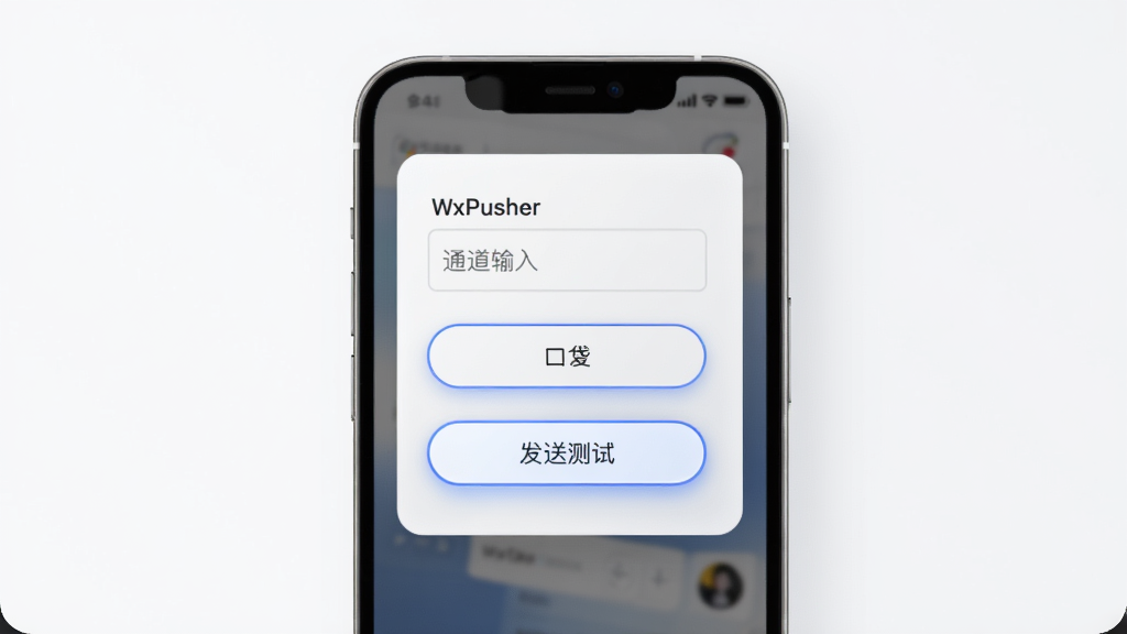 WxPusher消息推送平台极简接入功能示意图,主体为一个简洁的配置面板悬浮在手机屏幕上方,面板中包含通道标识输入框、复制按钮和发送测试按钮,布局为垂直居中排列,排版宽松不拥挤,风格为扁平化轻科技风,细节上按钮带有微弱的蓝色光晕,背景为白色磨砂质感,画质高清,干净,无多余元素
