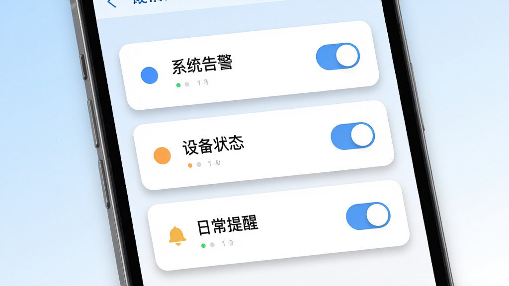WxPusher消息推送平台多通道管理界面展示图,主体为手机屏幕中的通道列表页面,屏幕内显示三个通道卡片,分别标注为系统告警、设备状态、日常提醒,布局为纵向列表排列,每个卡片左侧有彩色圆点标识,右侧有开关按钮,排版整齐,风格为清新浅色卡片风,细节上卡片带有轻微阴影和圆角,背景为浅蓝到白的渐变,画质高清,干净,无多余元素