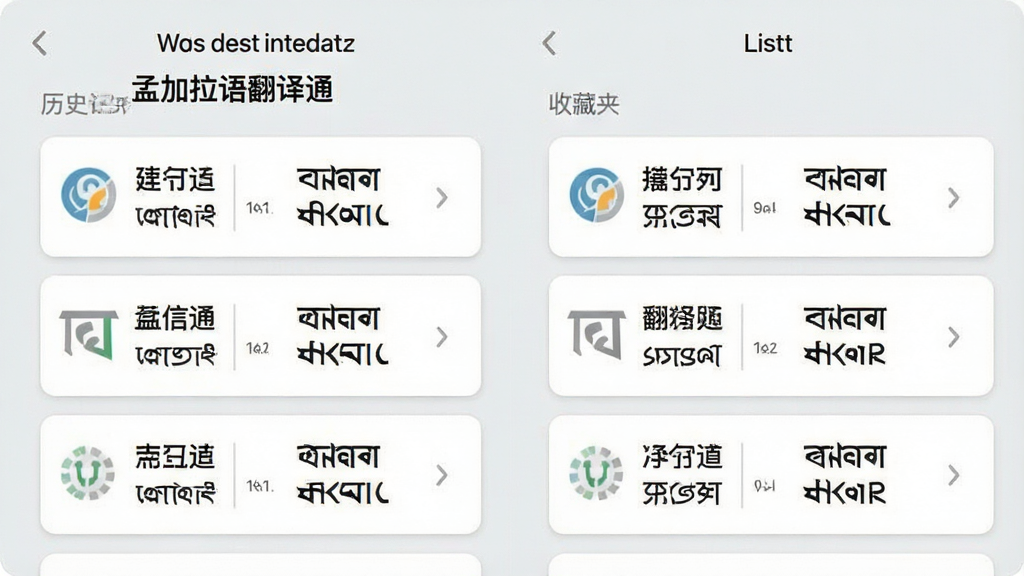 一张应用功能界面图,画面展示“孟加拉语翻译通”的历史记录与收藏夹页面,左侧是历史记录列表,右侧是收藏夹列表,每条记录显示中文与孟加拉语对照文本,界面采用卡片式设计,背景为浅灰色,文字清晰,布局整齐,画质干净,无多余元素