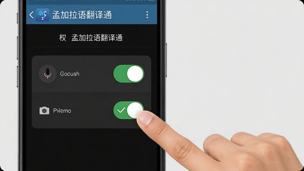 一张操作示意图,画面展示“孟加拉语翻译通”在手机上的权限设置界面,屏幕上显示麦克风和相机权限开关,旁边有一只手正在点击开启按钮,背景为浅灰色,界面风格简洁,画质清晰,无多余元素