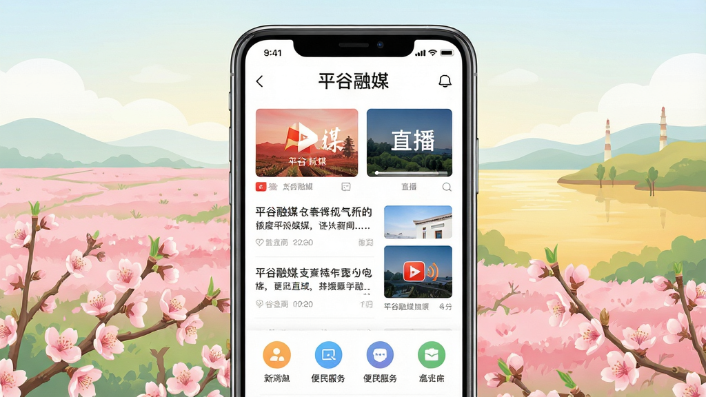 平谷融媒手机客户端界面展示,画面中央是一部智能手机,屏幕上显示平谷融媒APP首页,顶部有“平谷融媒”字样,页面包含新闻列表、直播入口和便民服务图标,背景是平谷桃花海与金海湖的淡雅插画,整体布局简洁清晰,风格现代扁平化,细节精致,画质高清,干净无多余元素