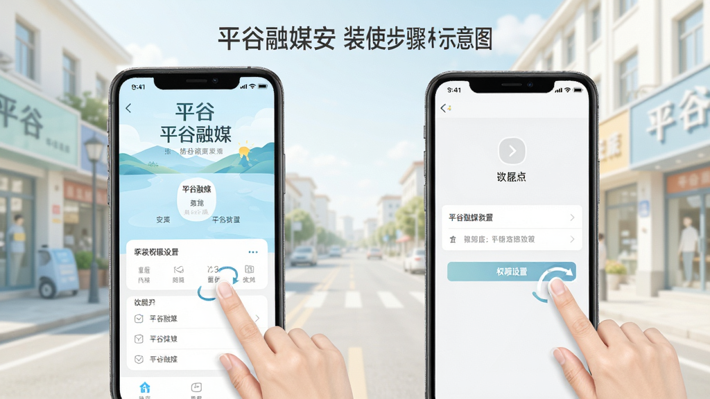 平谷融媒安装使用步骤示意图,画面展示手机屏幕上“平谷融媒”安装界面和权限设置页面,旁边有手指点击操作示意,背景为平谷城区街道,风格清新浅色,排版清晰,细节到位,画质高清,干净无多余元素