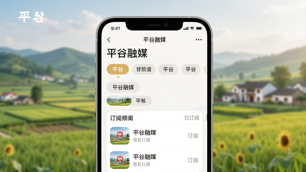 平谷融媒频道订阅界面,画面展示手机中“平谷融媒”频道管理页面,包含多个可选频道标签和已订阅频道列表,背景是平谷乡村田园风光,风格柔和圆角,排版清晰,细节精致,画质高清,干净无多余元素