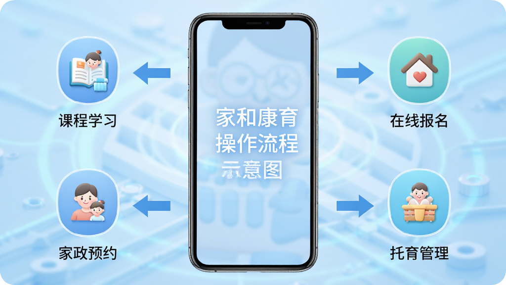 家和康育操作流程示意图,画面以手机屏幕为中心,周围环绕着课程学习、在线报名、家政预约、托育管理四个功能图标,用箭头连接展示操作路径,背景为浅蓝色科技感渐变,布局清晰有序,风格简洁直观,细节明了,画质高清,干净无多余元素