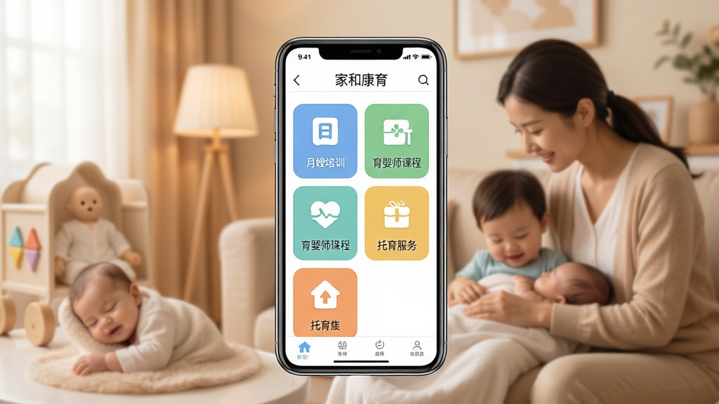 家和康育手机应用主界面展示,画面中央是一部智能手机,屏幕上显示家和康育APP的首页界面,包含月嫂培训、育婴师课程、托育服务等图标模块,背景为温馨的暖色调家庭场景,有母婴护理元素点缀,布局整洁对称,风格现代简约,细节清晰,画质高清,干净无多余元素