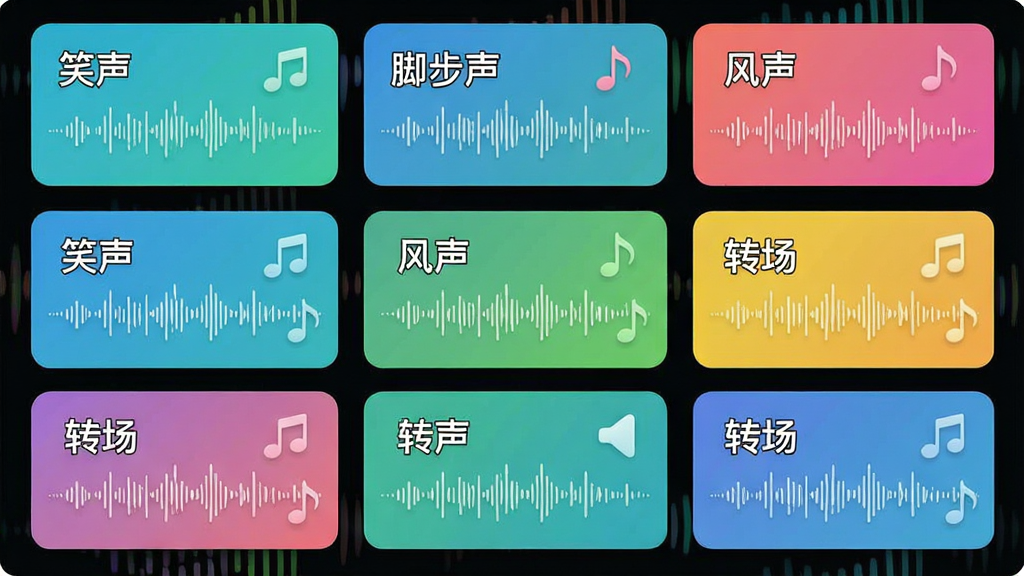 一个虚拟音效素材库界面,画面主体是排列整齐的声音卡片,每张卡片上有