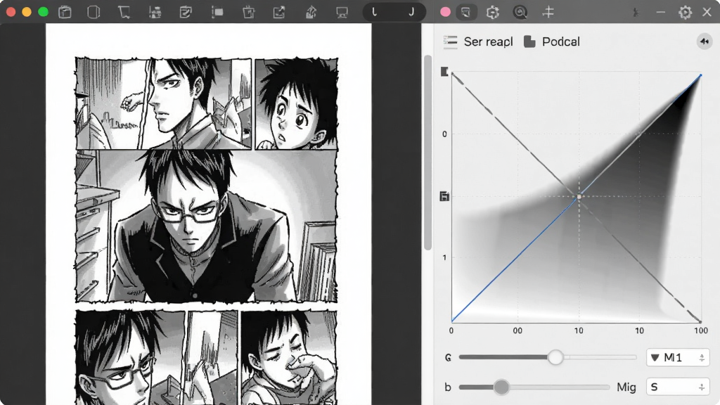 一张展示灰度调整曲线的界面截图,主体是漫画页面和参数调节面板,布局为左侧漫画预览右侧曲线调节,风格为专业软件界面风格,细节包括平滑的色调曲线和实时预览效果,画质清晰,干净,无多余元素