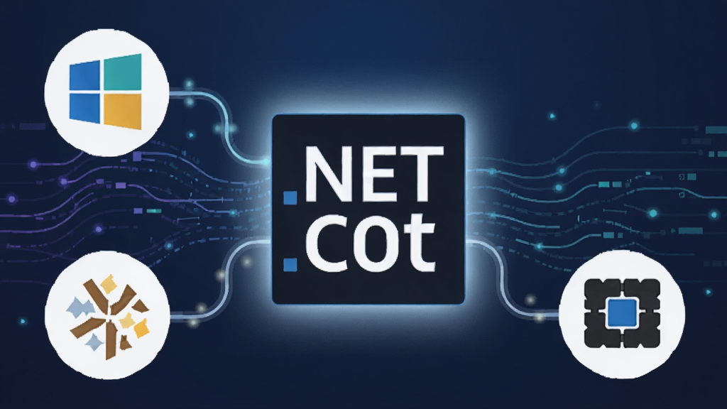 һ��չʾ Microsoft .NET Core ��ƽ̨���ԵĿƼ��廭�����������Ƿ���� .NET Core ��־�������� Windows��Linux �� macOS ��������ϵͳ��ͼ�꣬����λ�ڻ������ģ����ñ�ƽ�����֣�����������ɫ����������������������������ִ���ϸ����ǿ�������������Ч���������������ɾ��޶���Ԫ�ء�