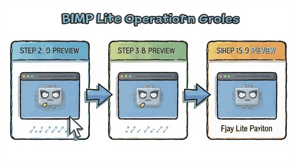 一张展示BIMP Lite操作流程的示意图,主体为三步操作引导,布局为横向流程图,排版整洁,风格为卡通扁平风,细节包括鼠标指针、箭头、预览窗口,画质高清,干净,无多余元素