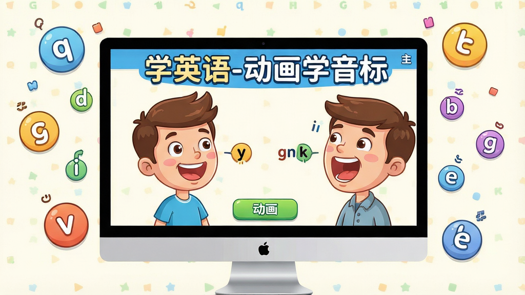 一张展示学英语-动画学音标软件主界面的图片,主体为电脑屏幕中显示卡通动画角色正在演示音标发音口型,布局采用居中构图,屏幕周围有音标符号和字母漂浮装饰,排版清晰展示软件名称学英语-动画学音标,风格为明亮活泼的卡通教育风格,细节包括角色表情生动、音标符号圆润可爱、界面按钮清晰可见,画质高清,画面干净,无多余元素