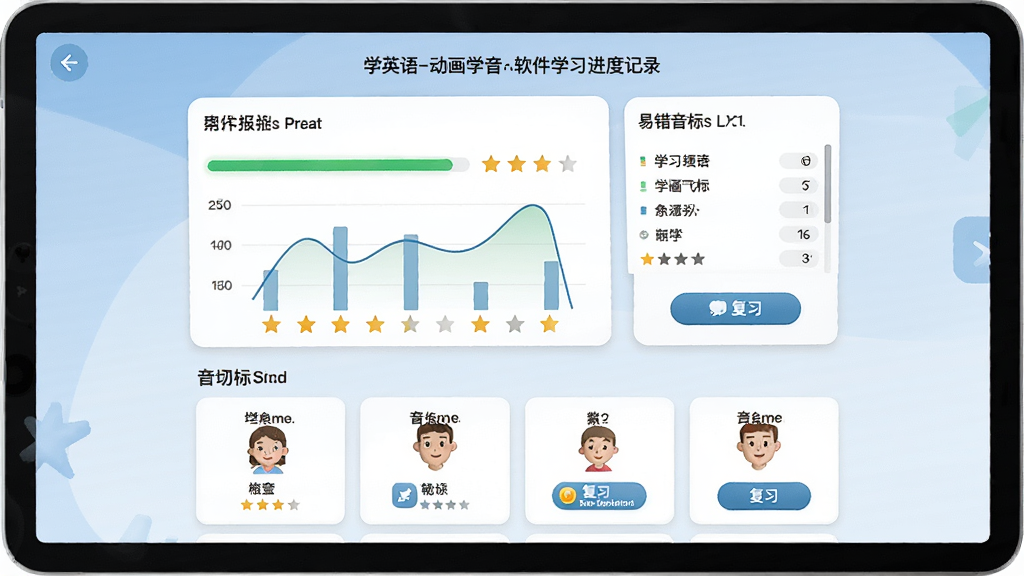 一张学英语-动画学音标软件学习进度记录界面的图片,主体为学习报告图表和易错音标列表,布局为上方统计图表下方音标卡片,排版清晰展示学习数据,风格为简约现代教育风格,细节包括进度条、星级评分、复习按钮,画质高清,画面干净,无多余元素