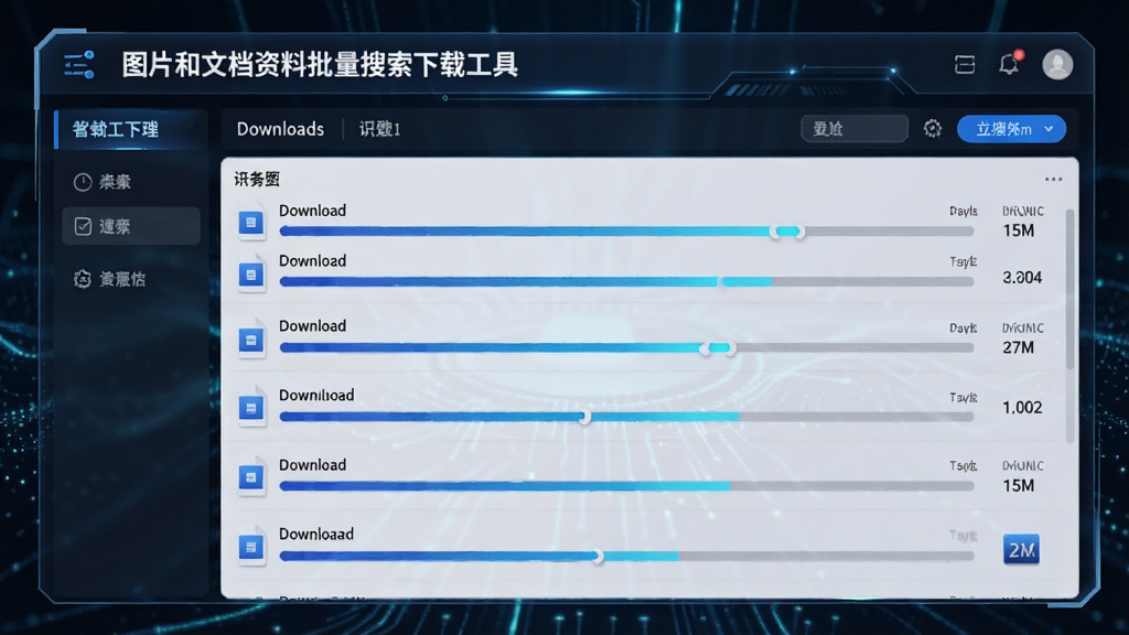 展示“图片和文档资料批量搜索下载工具”的下载任务管理界面,进度条显示多个文件正在同时下载,界面布局清晰,风格科技感十足,细节精致,画质高清,无多余元素