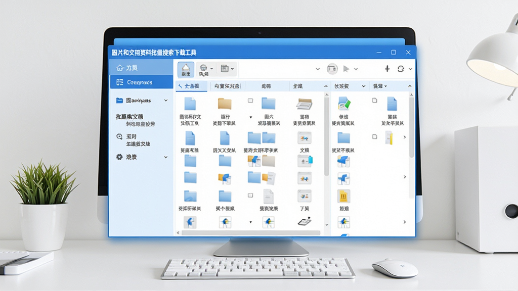 软件主界面全景展示,画面中央是“图片和文档资料批量搜索下载工具”的软件窗口,左侧为功能导航栏,右侧为文件列表区域,界面风格简洁现代,色调以蓝白为主,背景为干净的桌面环境,细节清晰,画质高清,无多余元素
