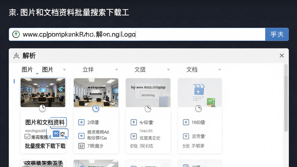 展示“图片和文档资料批量搜索下载工具”的链接解析功能界面,顶部输入框粘贴了网页地址,下方自动列出解析出的图片和文档列表,布局直观,风格简约,细节丰富,画质高清,无多余元素