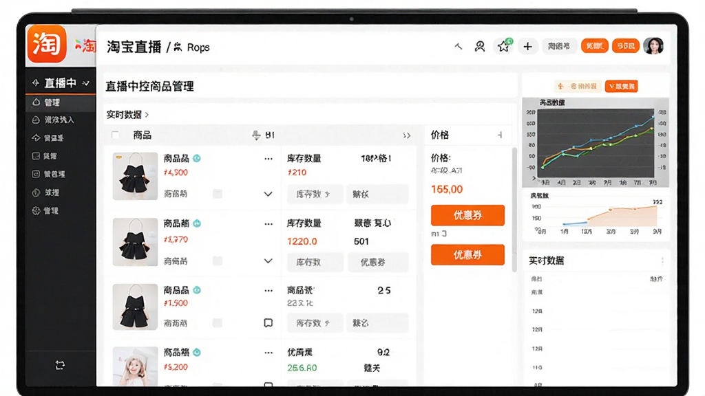 淘宝直播商品管理界面展示,主体为直播中控台屏幕,布局包含商品列表、库存数量、价格标签、优惠券按钮,排版整齐清晰,风格为电商后台管理风,细节包含淘宝直播Logo、实时数据图表、商品缩略图,画质高清,干净,无多余元素