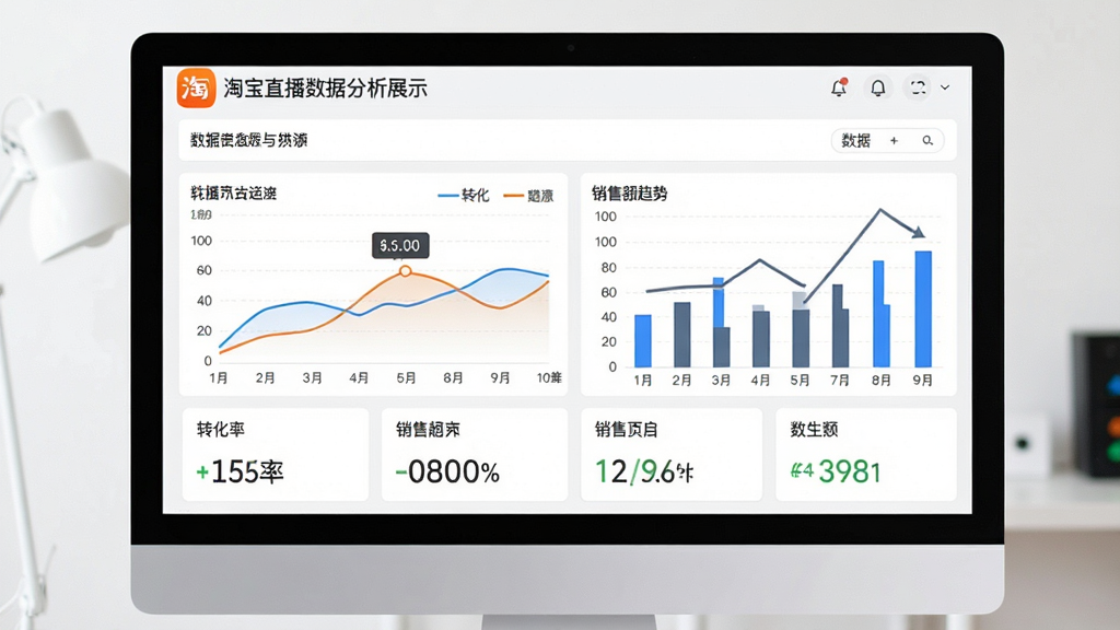 淘宝直播数据分析报表展示,主体为电脑屏幕上的数据看板,布局包含折线图、柱状图、数据卡片,排版清晰直观,风格为商务数据分析风,细节包含淘宝直播Logo、转化率数字、销售额趋势线,画质高清,干净,无多余元素