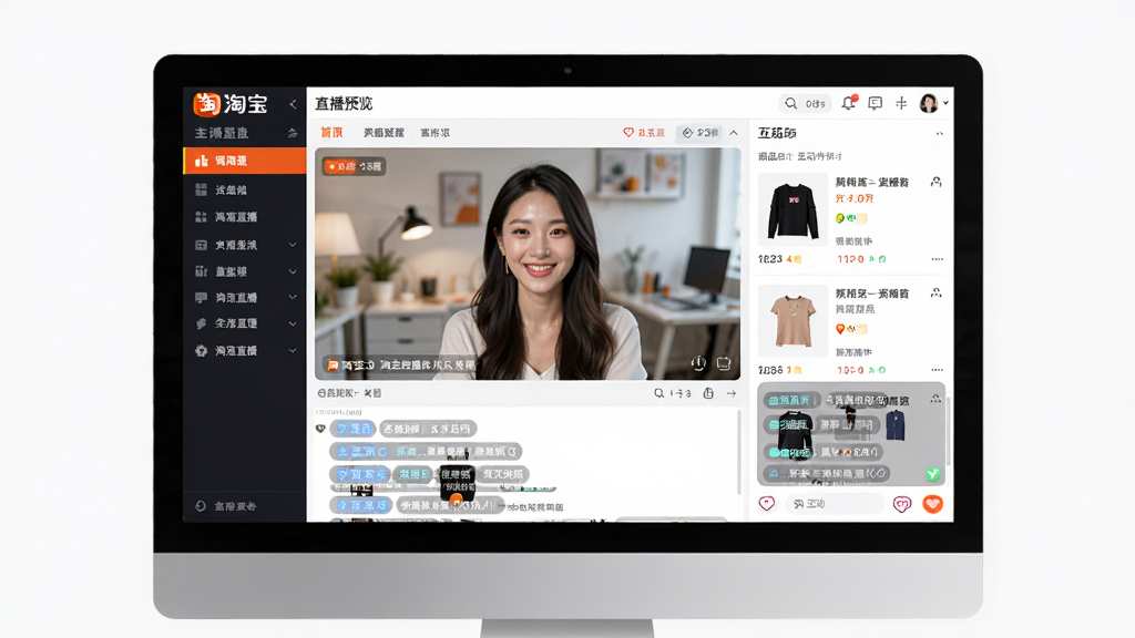 淘宝直播软件官方界面展示,主体为电脑屏幕中打开的淘宝直播客户端主界面,布局包含左侧功能导航栏、中间直播预览窗口、右侧商品与互动面板,排版清晰整齐,风格为现代科技感商务风,细节包含淘宝直播Logo、直播画面、商品列表、弹幕互动区域,画质高清,干净,无多余元素