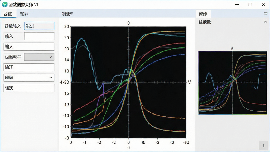 一张软件主界面截图,画面中央是坐标系中绘制的多条彩色函数曲线,左侧为函数输入框,右侧为图像预览区,界面风格简洁现代,配色清爽,顶部有