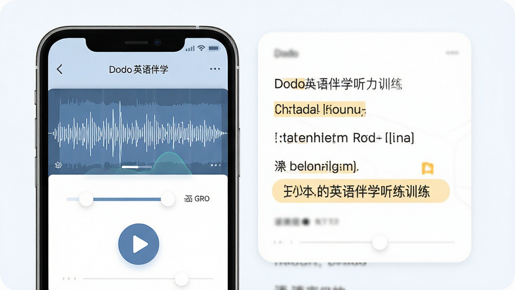 一张展示Dodo英语伴学听力训练功能的图片,主体为手机屏幕显示音频波形与逐句对照文本,布局左右分栏,排版工整,风格清新,细节包含播放按钮、语速调节和字幕高亮,画质高清,干净,无多余元素
