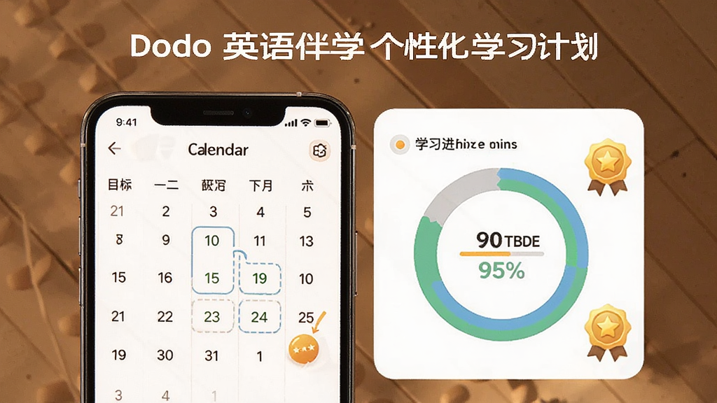 一张展示Dodo英语伴学个性化学习计划功能的图片,主体为手机屏幕显示日历打卡与学习进度环形图,布局上下结构,排版清晰,风格温馨,细节包含目标设定、完成百分比和奖励徽章,画质高清,干净,无多余元素