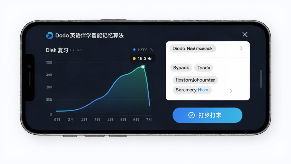 一张展示Dodo英语伴学智能记忆算法功能的图片,主体为手机屏幕显示单词复习曲线图与记忆卡片,布局上下结构,排版简洁,风格科技感,细节包含数据图表、单词标签和打卡按钮,画质高清,干净,无多余元素