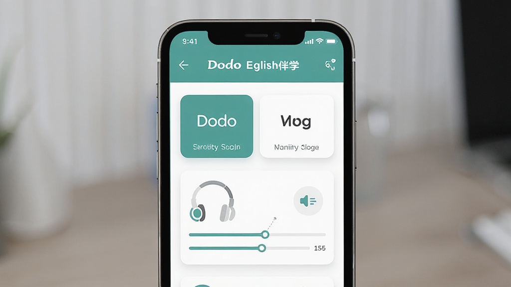 一张展示Dodo英语伴学软件界面的图片,主体为手机屏幕显示英语学习课程列表,布局居中,排版清晰,风格现代简约,细节包含单词卡片、听力图标和进度条,画质高清,干净,无多余元素