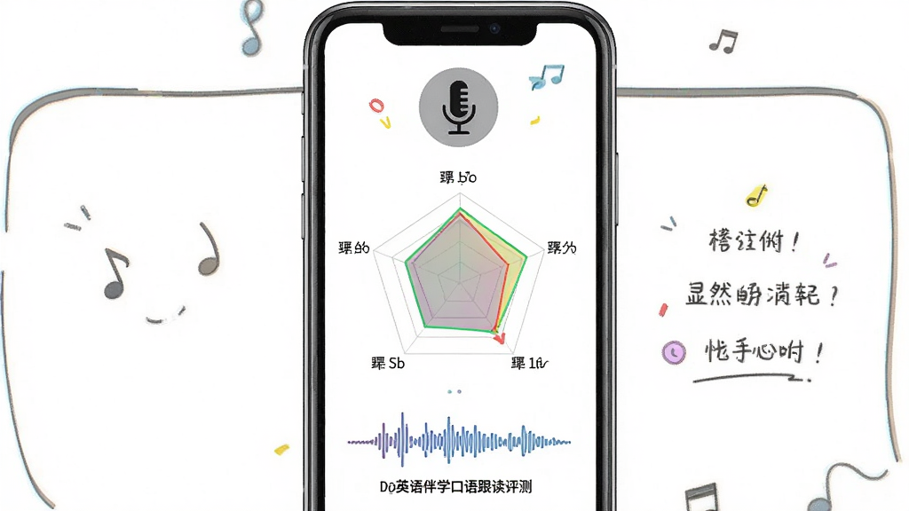 一张展示Dodo英语伴学口语跟读评测功能的图片,主体为手机屏幕显示麦克风图标与发音评分雷达图,布局居中,排版直观,风格活泼,细节包含分数展示、发音波形和鼓励文字,画质高清,干净,无多余元素