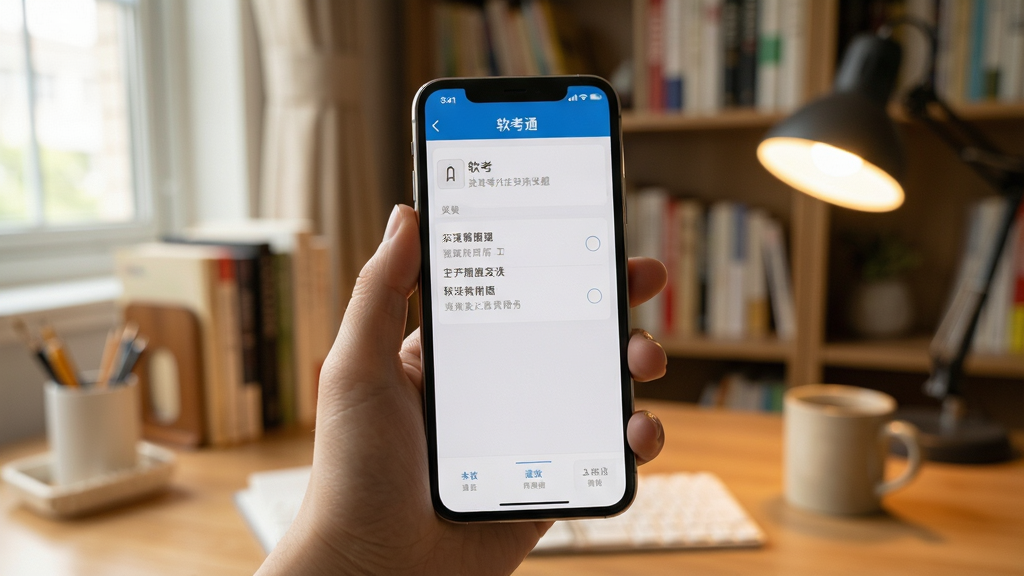 软考通手机端刷题操作实拍图,手拿手机展示做题界面,背景为温馨书房环境,画面自然真实,细节清晰,画质干净,无多余元素