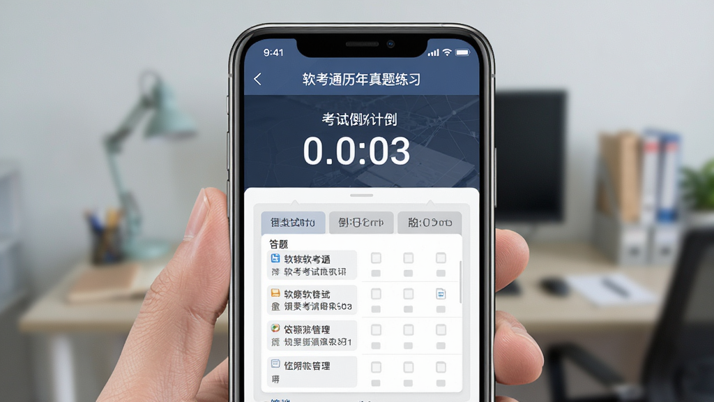 软考通历年真题练习界面,手机屏幕显示考试倒计时与答题卡,页面风格专业沉稳,布局整齐,细节丰富,画质干净,无多余元素