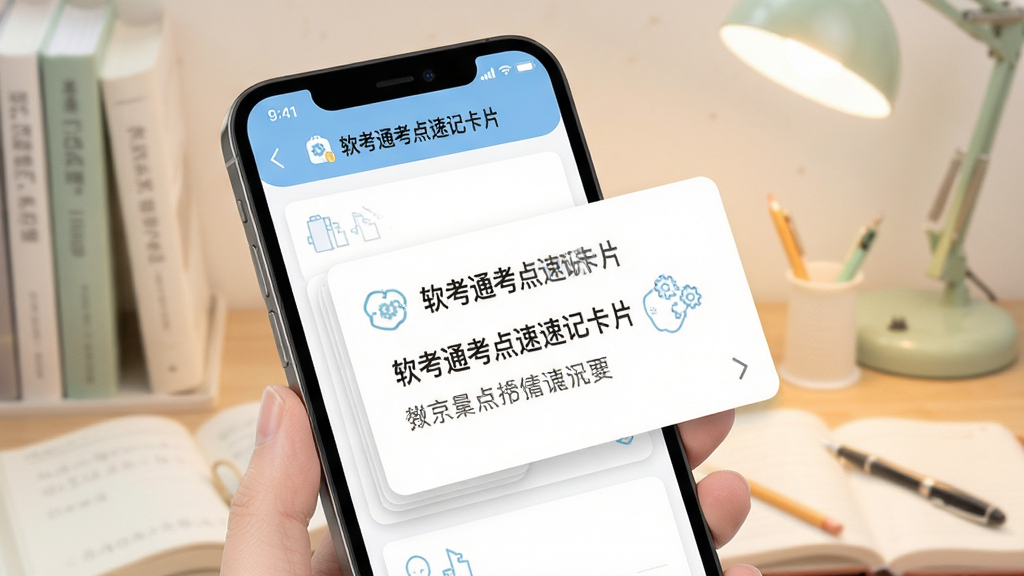 软考通考点速记卡片界面,手机屏幕展示知识点卡片翻转效果,背景为淡雅的学习氛围,风格简洁清新,细节清晰,画质干净,无多余元素
