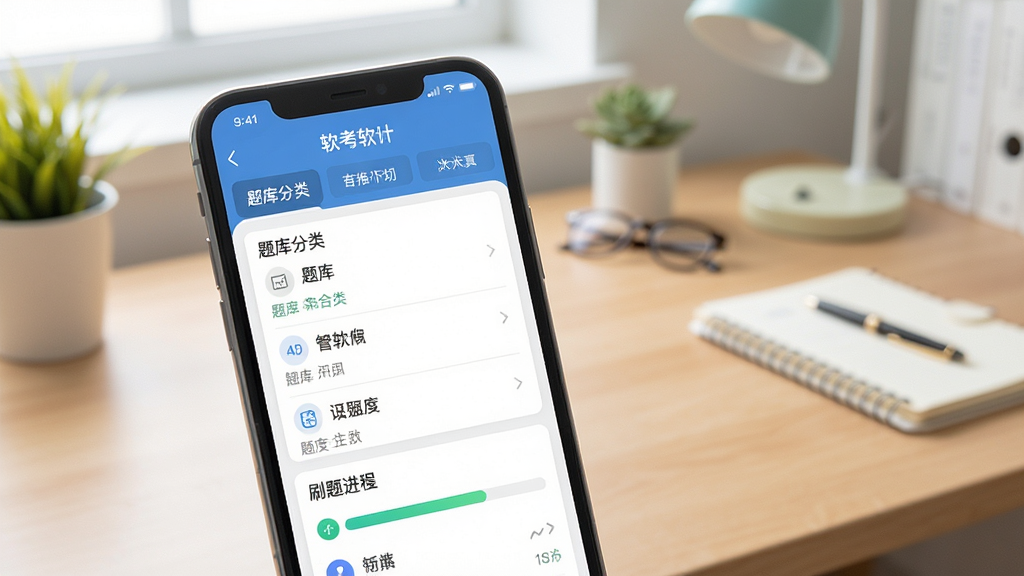 软考通软件主界面展示,手机屏幕中呈现题库分类列表与刷题进度条,背景为简洁的书桌场景,画面风格清爽明快,细节清晰,画质干净,无多余元素
