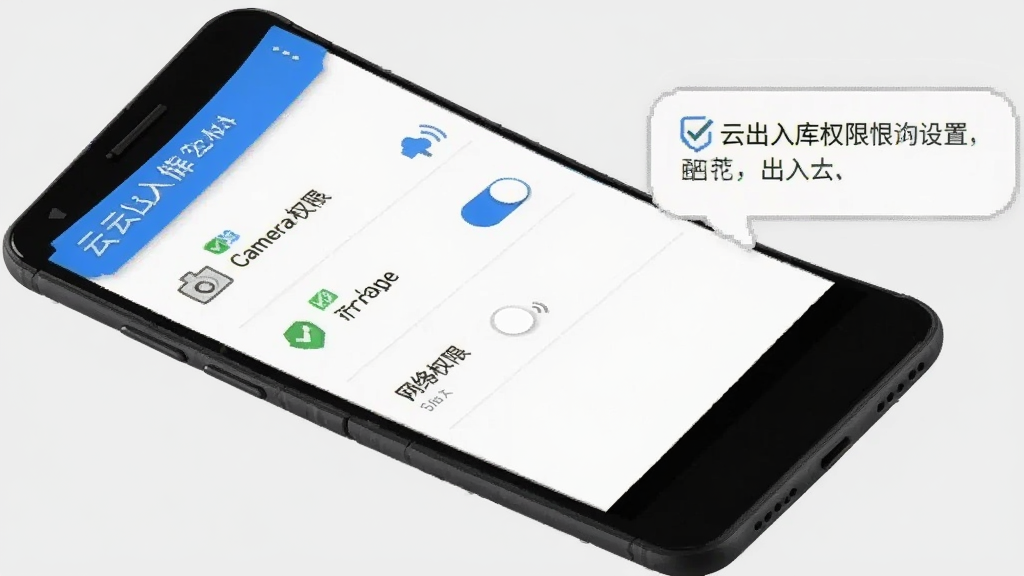 一部安卓手机展示云出入库的权限设置界面,旁边有勾选标记和提示气泡,背景为浅灰色,风格简洁明了,细节包括相机权限、存储权限、网络权限的开关按钮,画质清晰,画面干净,无多余元素