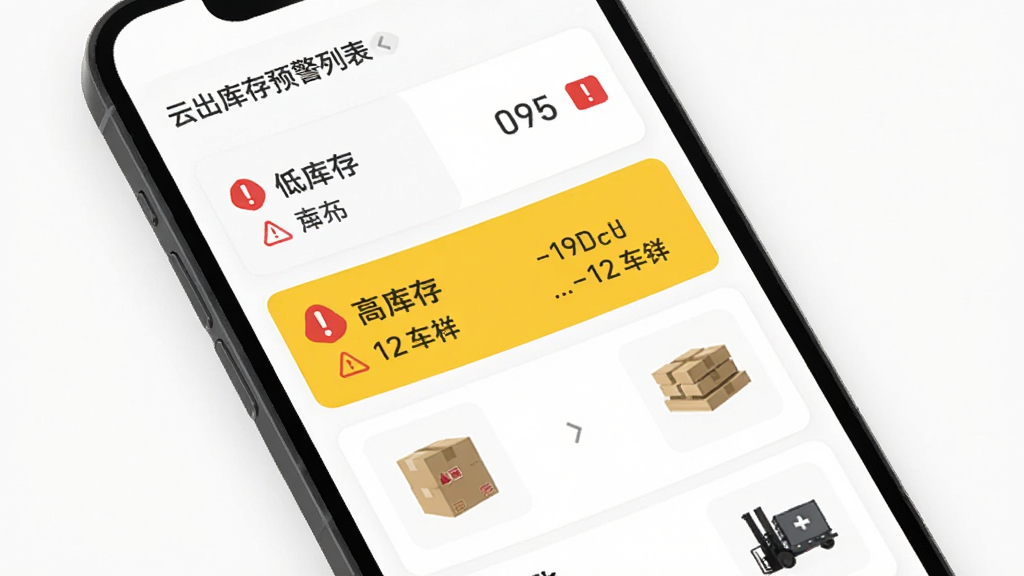 手机屏幕显示云出入库的库存预警列表,红色感叹号标记低库存商品,黄色标记高库存商品,背景为简洁的白色界面,风格清新扁平,细节包括数字标识、预警图标和商品缩略图,画质清晰,画面干净,无多余元素
