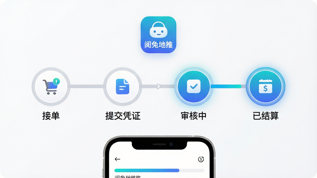 画面中央为一条横向的时间轴流程图,节点依次为“接单”“提交凭证”“审核中”“已结算”,每个节点用圆形图标表示,当前节点高亮显示,时间轴上方有“阅兔地推”应用图标,下方为手机屏幕局部特写,风格为简洁商务风,细节包括节点连线、图标渐变、进度条填充效果,整体布局为横向居中,画质为高清2K,干净无多余元素