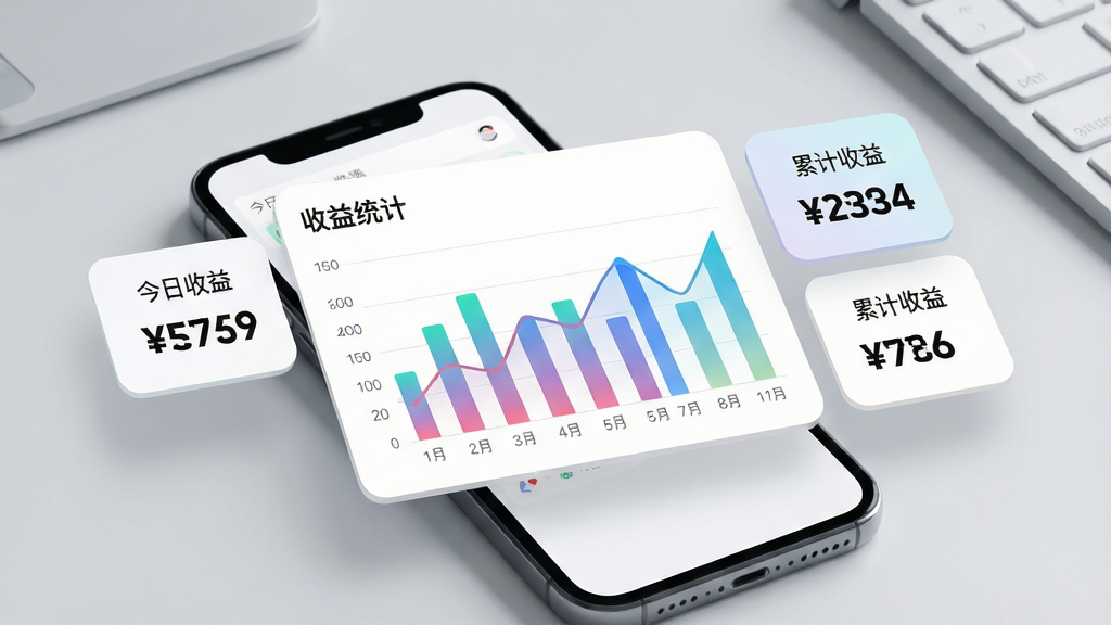 画面主体为一块数据看板,看板上显示柱状图和折线图,图表标题为“收益统计”,旁边有数字卡片显示“今日收益”“累计收益”等数据,看板悬浮在手机屏幕上方,背景为浅灰色办公桌面,风格为数据可视化风格,细节包括图表颜色渐变、数字字体加粗、卡片圆角,整体布局为居中看板加手机衬托,画质为高清2K,干净无多余元素