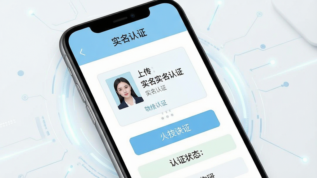一张展示美缘婚恋实名认证流程的手机界面截图风格图片,画面主体是手机屏幕特写,屏幕中显示“实名认证”页面,包含身份证上传区域、人脸识别按钮和认证状态提示,界面配色为浅蓝与白色,背景简洁干净,周围有轻微的科技感光效点缀,整体风格商务且清晰,画质干净,图片中文字包含“美缘婚恋”和“实名认证”字样。