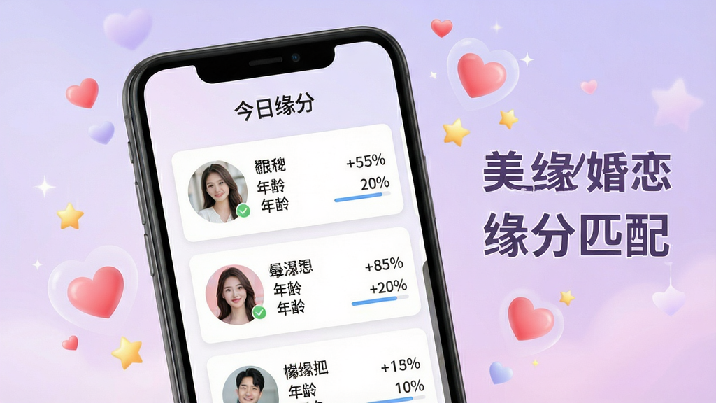 一幅展示美缘婚恋智能匹配功能的场景图,画面中心是手机屏幕显示缘分推荐卡片列表,每张卡片包含用户头像、昵称、年龄和匹配度百分比,屏幕上方有“今日缘分”标题,背景是淡紫色渐变,周围漂浮着爱心和星星的装饰元素,整体风格浪漫清新,画质干净明亮,图片中文字包含“美缘婚恋”和“缘分匹配”字样。