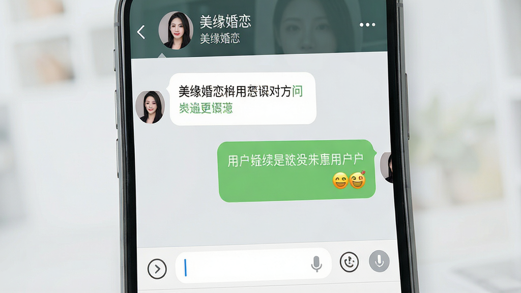 一张展示美缘婚恋聊天界面的手机截图风格图片,画面主体为手机屏幕,显示一段对话气泡,左侧为对方发来的问候消息,右侧为用户回复的文字和表情,屏幕顶部显示对方头像和昵称,底部为输入框和功能按钮,背景为浅灰色聊天背景,整体风格简洁现代,画质清晰,图片中文字包含“美缘婚恋”字样。