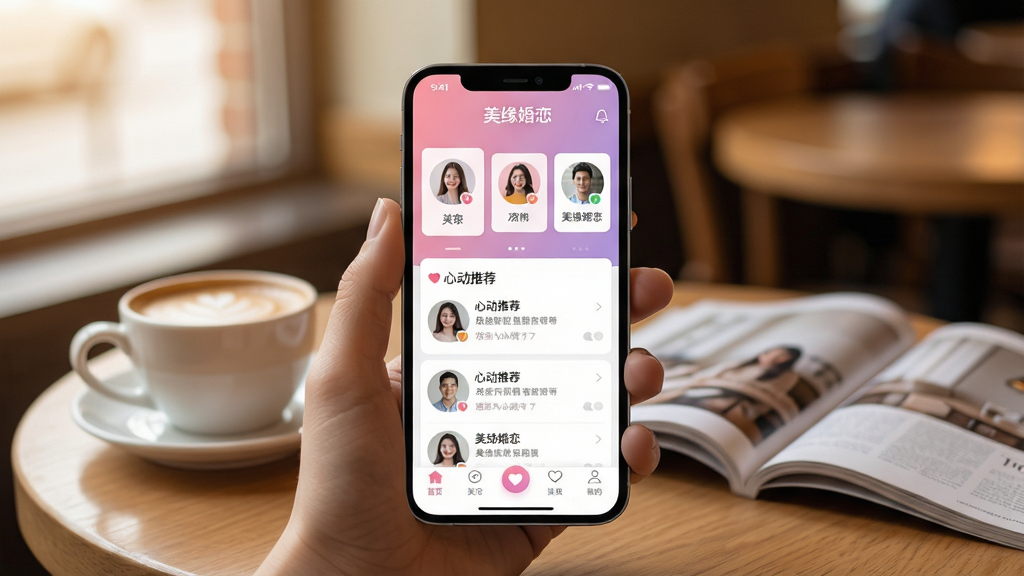 一幅展示手机屏幕中运行美缘婚恋应用的场景图,画面中央是一部竖屏智能手机,屏幕显示美缘婚恋的首页界面,包含用户头像卡片、心动推荐列表和底部导航栏,界面主色调为柔和的粉紫色与白色搭配,背景是温馨的咖啡馆环境,桌面上有一杯咖啡和一本翻开的杂志,周围光线柔和温暖,整体风格写实且干净,画质清晰,无多余杂乱元素,图片中文字显示“美缘婚恋”字样。
