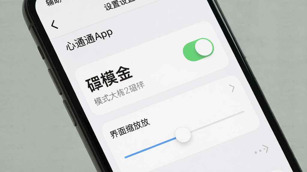 一张展示心通通App设置界面的手机截图,主体为手机屏幕特写,屏幕内显示大字体模式切换开关和界面缩放调节滑块,布局采用纵向列表排版,风格为极简素雅设计,细节包括清晰的开关控件、辅助说明文字和浅色背景,画质高清,画面干净,无多余元素。