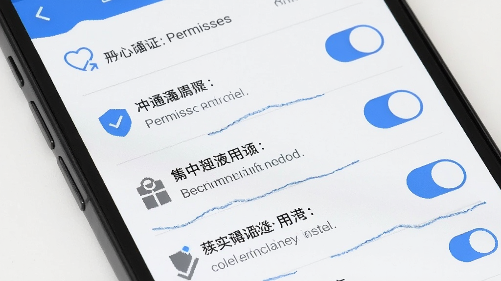 一部智能手机显示心通通App的权限管理页面,主体为手机正面,屏幕内展示各项权限开关及用途说明文字,布局采用分组列表排版,风格为简约商务设计,细节包括蓝色高亮的安全标识、灰色分隔线和清晰的字体层级,画质清晰,画面干净,无多余元素。
