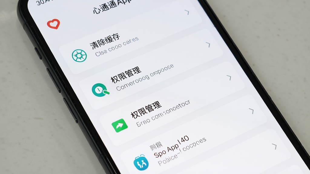 一部智能手机屏幕显示心通通App的设置菜单界面,主体为手机正面,屏幕内呈现清除缓存、权限管理等选项列表,布局采用标准纵向列表排版,风格为清爽素雅设计,细节包括清晰的图标标识、灰色辅助文字和白色背景卡片,画质高清,画面干净,无多余元素。