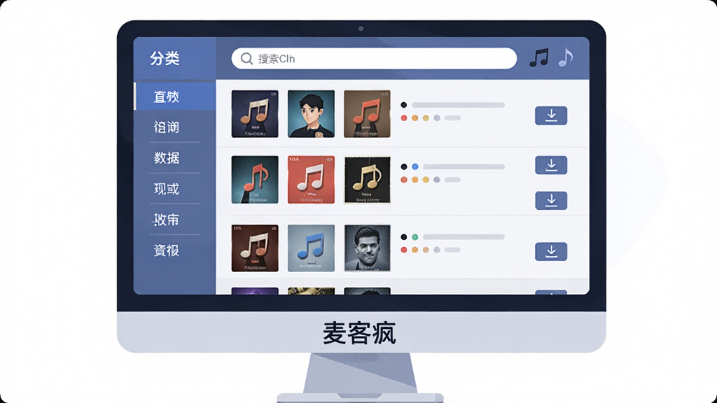 一张以音乐曲库为主题的插画,画面主体是一台电脑屏幕,屏幕上排列着带有封面图的歌曲列表和搜索框,屏幕下方有“麦客疯”文字标识,布局为左右分栏,左侧是分类标签,右侧是歌曲条目,风格为扁平化科技感,细节包含音符图标与下载按钮,画质清晰,画面干净,无多余元素