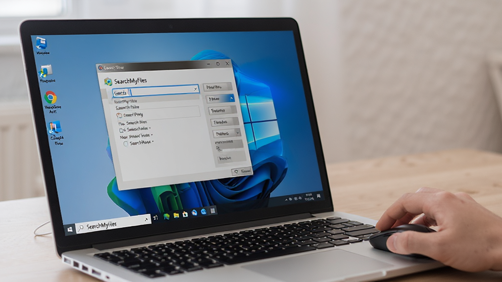 SearchMyFiles��Windows����������ʱ�Ĳ�������ͼ������չʾһ̨�ʼǱ�������Ļ����Ļ�ϴ���SearchMyFiles�������ڣ��Ա���һֻ�����ڵ����������������������汳��Ϊ������ɫ������������ʵ��Ȼ�������������޶���Ԫ��