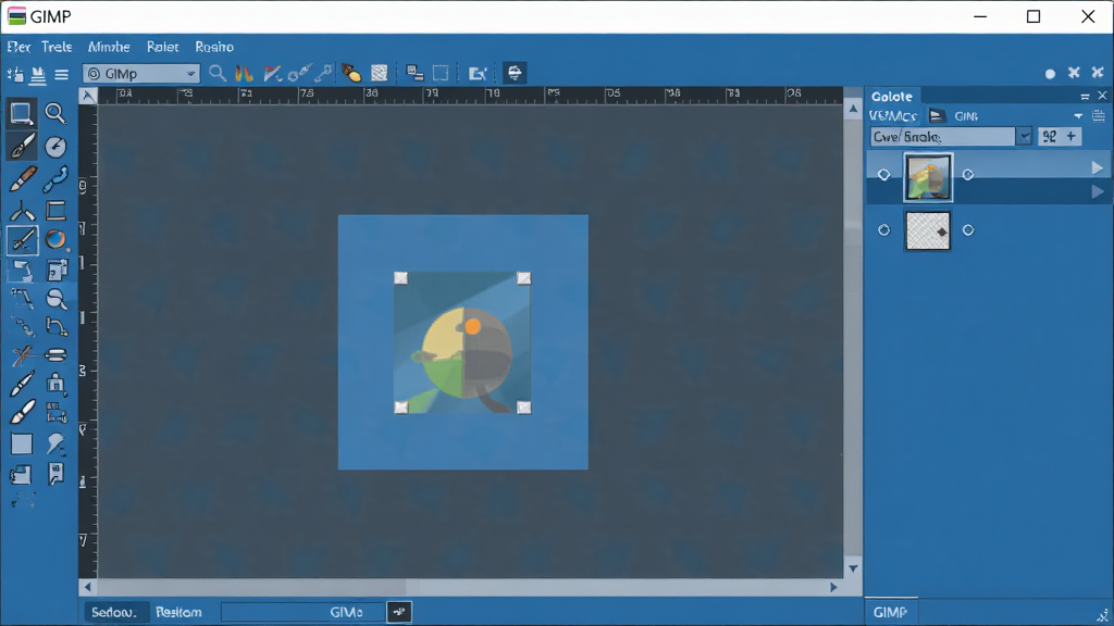 软件名称GIMP,主体是软件启动界面与主编辑窗口,布局为左侧工具栏、中间画布、右侧图层面板,排版清晰展示软件功能全貌,风格为现代扁平化科技蓝,细节包含菜单栏、画笔图标、图层缩略图,画质高清,干净,无多余元素