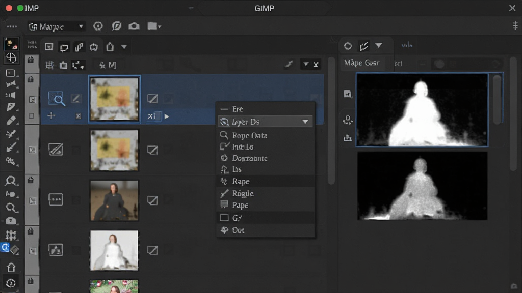 软件名称GIMP,主体是图层与蒙版操作界面,布局为多图层堆叠展示与蒙版缩略图,排版强调图层混合模式下拉菜单,风格为深色专业设计风,细节包含高亮选中的图层条、蒙版黑白通道预览,画质清晰,干净,无多余元素